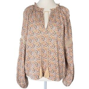 Joie Women's Peach Paisley Print Long Sleeve‎ Tassle Neck Boho Blouse Size M